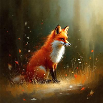 The primary subject of the image is a red fox sitting in a grassy field. The setting is a forest, with trees visible in the background. The visual style is a painting, which gives the image a more artistic and detailed appearance. The dominant colors are red and orange, which create a warm and vibrant atmosphere.